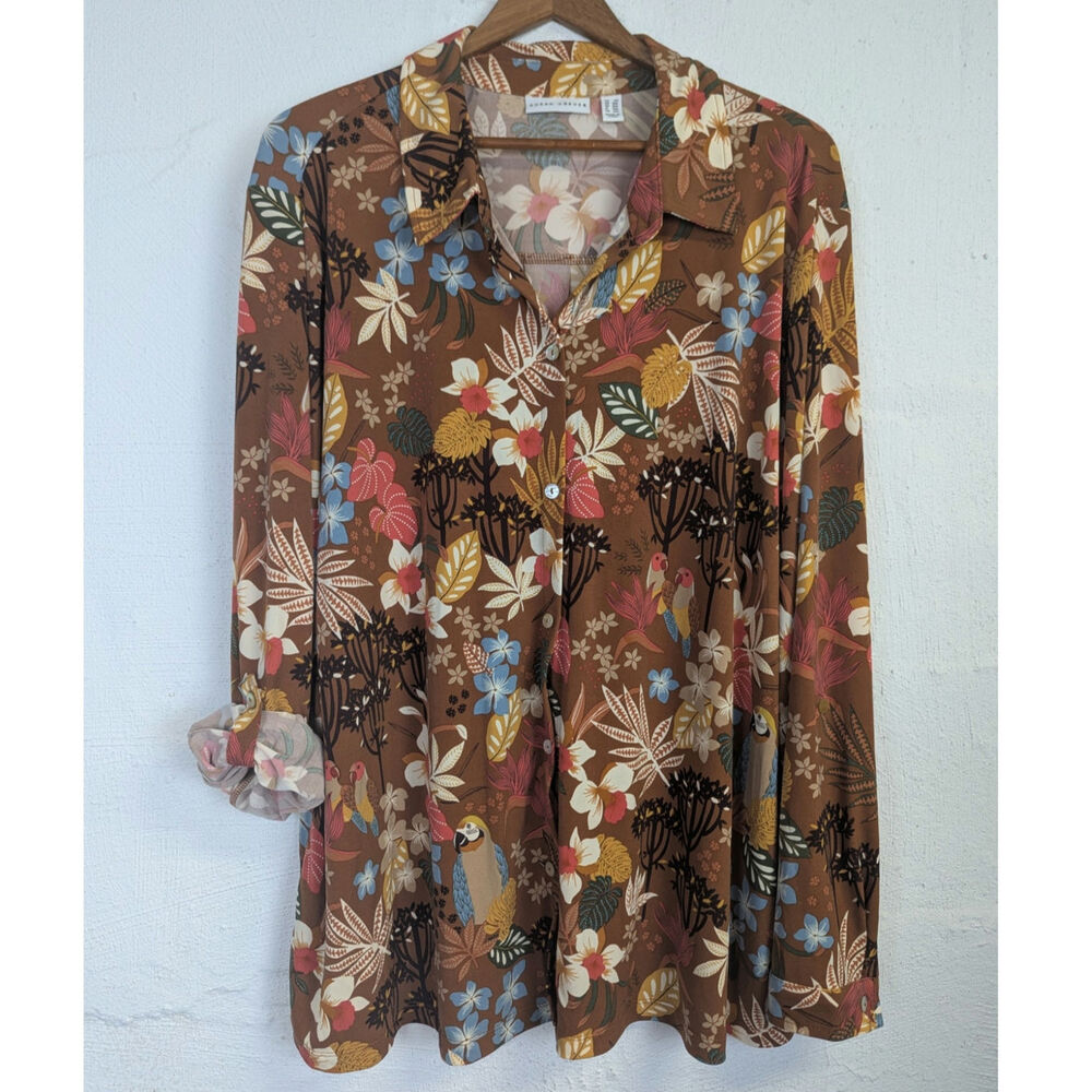Susan Graver Floral Bird Button Up Shirt Liquid Knit Brown Colorful Roll Tab 2X